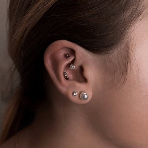 Layered rook, conch and lobe piercings with coordinated jewellery that create a balanced and expressive ear composition.