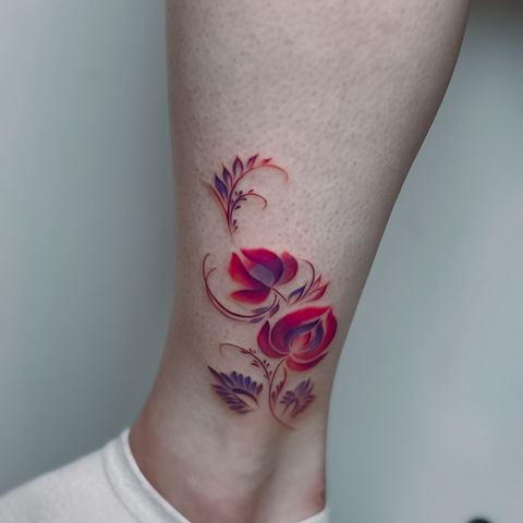 Colourful lower-leg tattoo with vivid pink flowers, delicate stems and soft botanical shading.