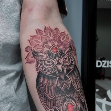 Owl forearm tattoo